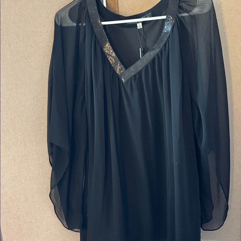 FINAL MARKDOWN Rose & Olive Black Sheer Blouse with Sequin Trim 1X NWT